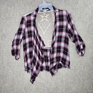 American Rag Womens Plaid Crochet Back Button-Up Cardigan Pink/Black Medium